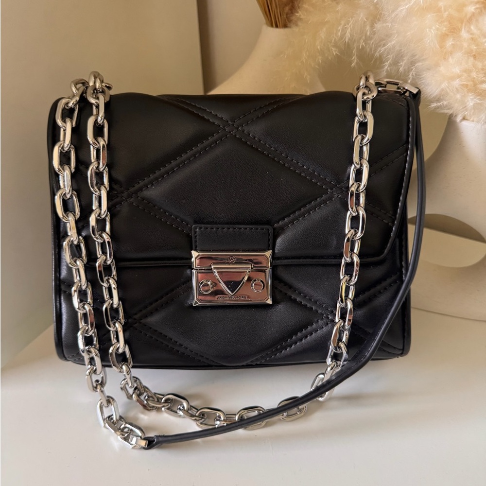 Black Quilted Crossbody Bag with Silver Chain Michael Kors